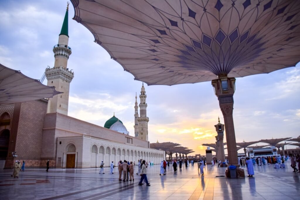The courtyard of the Prophet's Mosque in Madinah